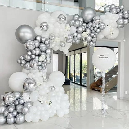 Awenztech Metallic Silver Balloon Arch Kit - 120pcs Chrome Latex Balloons for Weddings, Baby Showers & Parties