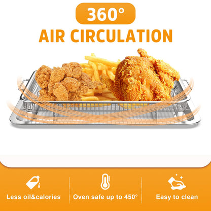 Air Fryer Basket for Oven 15" x 11", Stainless Steel Crisper Tray & Baking Pan Set with 50 PCS Parchment Paper, Oven Air Fryer Rack for Bacon, Fries, Chicken, Healthy Oil-Free Cooking