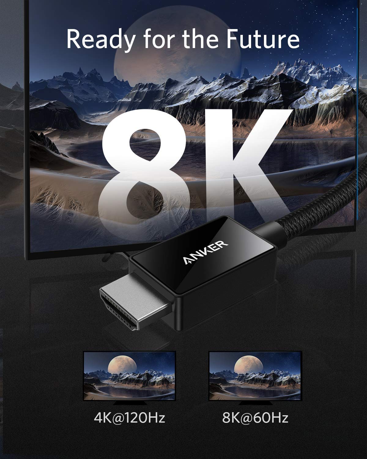 Anker HDMI 2.1 Cable 8K@60Hz, 6.6FT Ultra High Speed 4K@120Hz 48Gbps Ultra HD, HDMI Cable Support Dynamic HDR,eARC,Dolby Atmos,Compatible with PlayStation 5,Xbox Series X,Samsung TVs