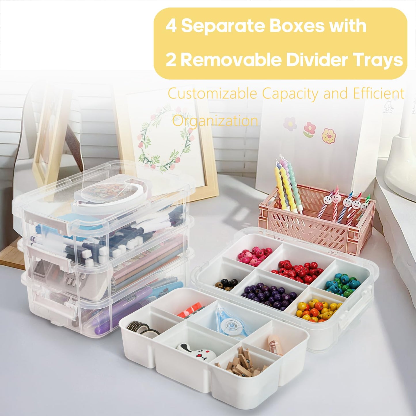 Foraineam 4-Tier Clear Storage Bins With 2 Divided Trays, Stackable Carry Storage Box Container, Plastic Lidded Organizer Case With Handle for Beads, Tools, Arts & Crafts, Sewing, Office Supplies