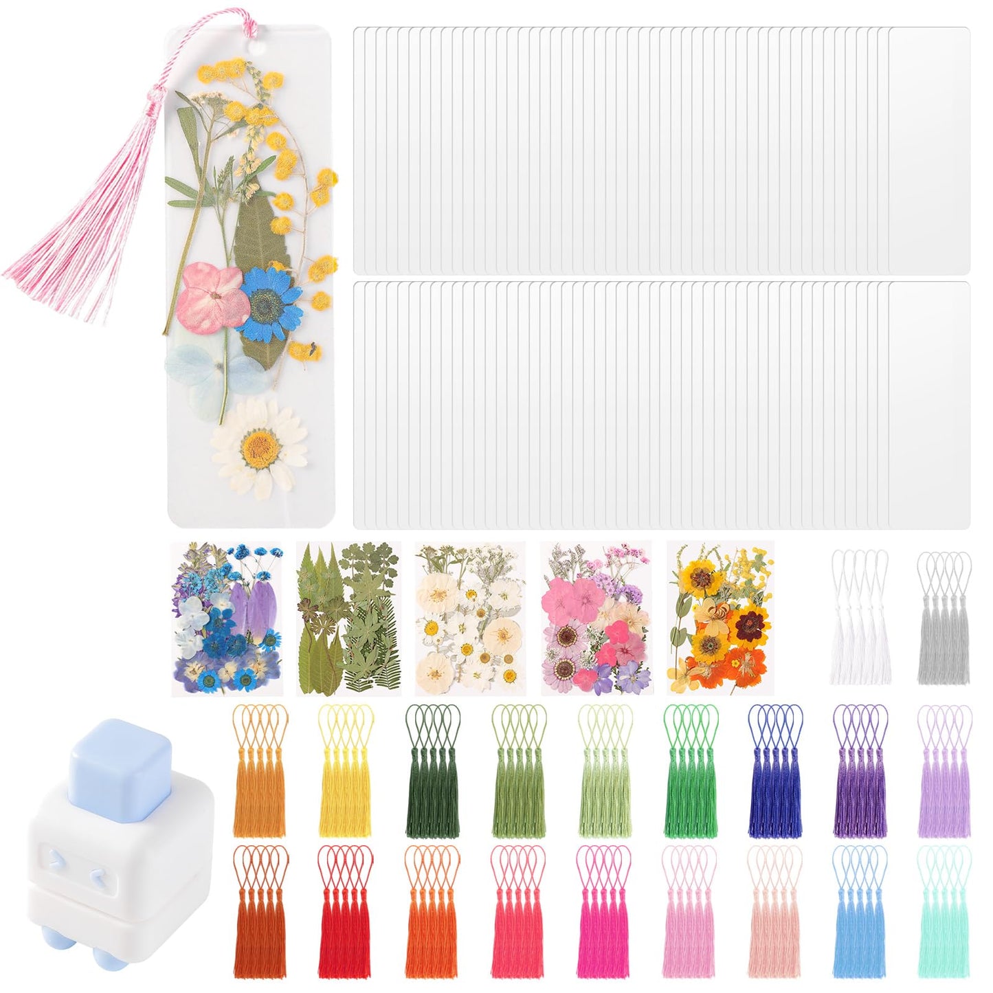 WSICSE 326Pcs Pressed Flower Bookmark Making Kit, Includes 125 Dried Flowers, 100Pcs 12 Mils Bookmarks Laminating Pouches, 100 Tassle and 1 Puncher, DIY Bookmark Kit for Book Lovers(1.96 x 5.9'')