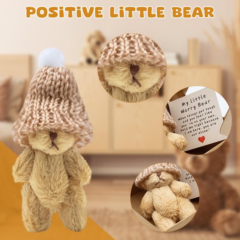 KCMOSGI Mini Worry Bear with A Hat, Positive Mini Bears, Little Worry Bears in A Box with Encouragement Little Card, Soft Handmade Pocket Bear for Lovers, Family, Friend