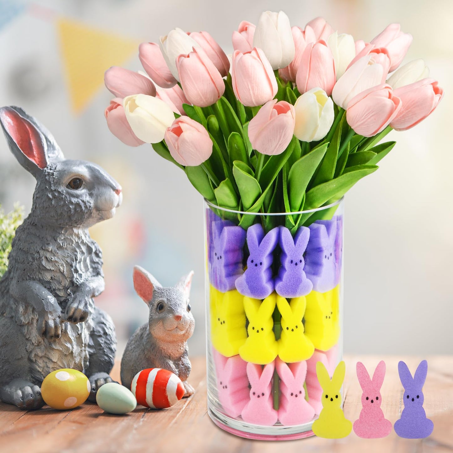 letesult Easter Bunny Vase Filler Decorations, 16 PCS Tulips Artificial Flowers & 45 PCS Bunnies Vase Filler Kit, Easter Spring Rabbit Flowers Vase Filler for Table Centerpiece Spring Home Decoration