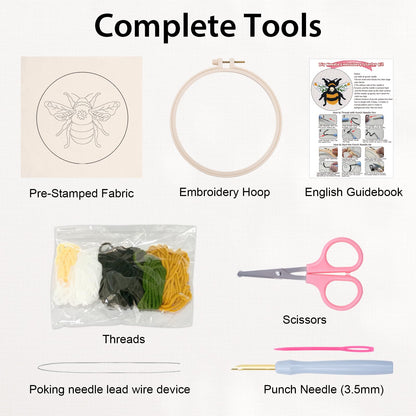 Nuberlic Punch Needle Kit for Beginners Cute Bee Pattern DIY Hoop Embroidery Punch Needle Starter Craft Set with Pre-Printed Fabric, Yarn, Frame & Tools Step-by-Step Introduction