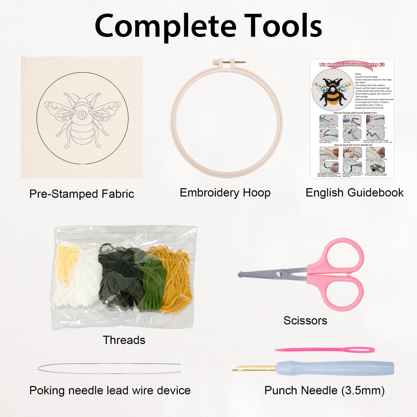 Nuberlic Punch Needle Kit for Beginners Cute Bee Pattern DIY Hoop Embroidery Punch Needle Starter Craft Set with Pre-Printed Fabric, Yarn, Frame & Tools Step-by-Step Introduction