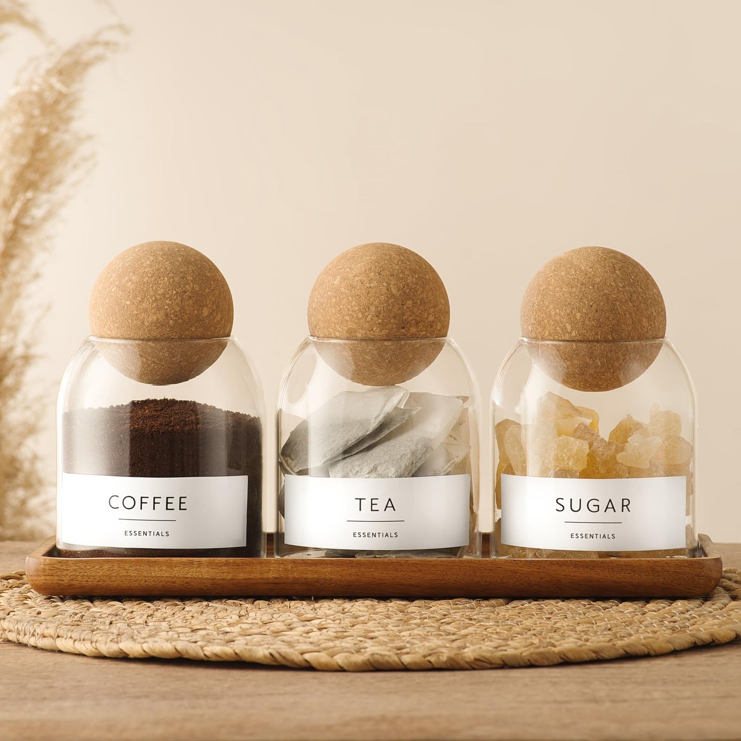 GENSTEUO Glass Jars with Cork Lids, 3 Pack Small Decorative Jars with Acacia Tray, Bathroom Qtip and Cotton Ball Holder Set, Cute Coffee Bar Containers for Sugar Candy Tea, Apothecary Jars (17oz)