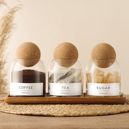 GENSTEUO Glass Jars with Cork Lids, 3 Pack Small Decorative Jars with Acacia Tray, Bathroom Qtip and Cotton Ball Holder Set, Cute Coffee Bar Containers for Sugar Candy Tea, Apothecary Jars (17oz)