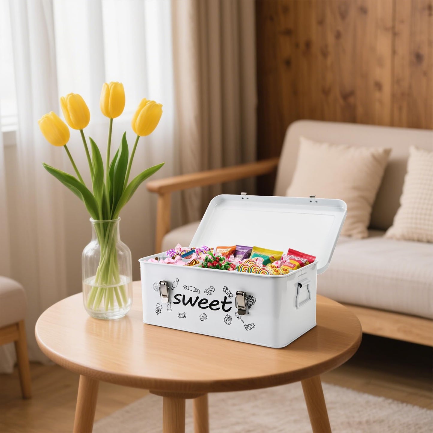 Frcctre Candy Storage Box, 4 Compartments Metal Candy Cookies Snacks Storage Tin Box with Lid Food Storage Container Farmhouse Kitchen Pantry Canister with Handle and Safety Lock