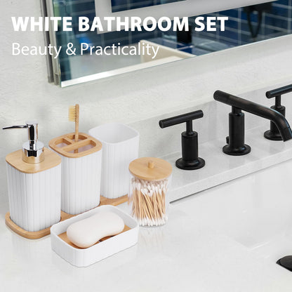 Bathroom Accessory Set - 10 Piece White Bathroom Sets Complete with Trash Can, Toothbrush Holder & Cup, Soap Dispenser, Soap Dish, Toilet Brush & Holder, Vanity Tray, Qtip Holder, Tissue Box Cover