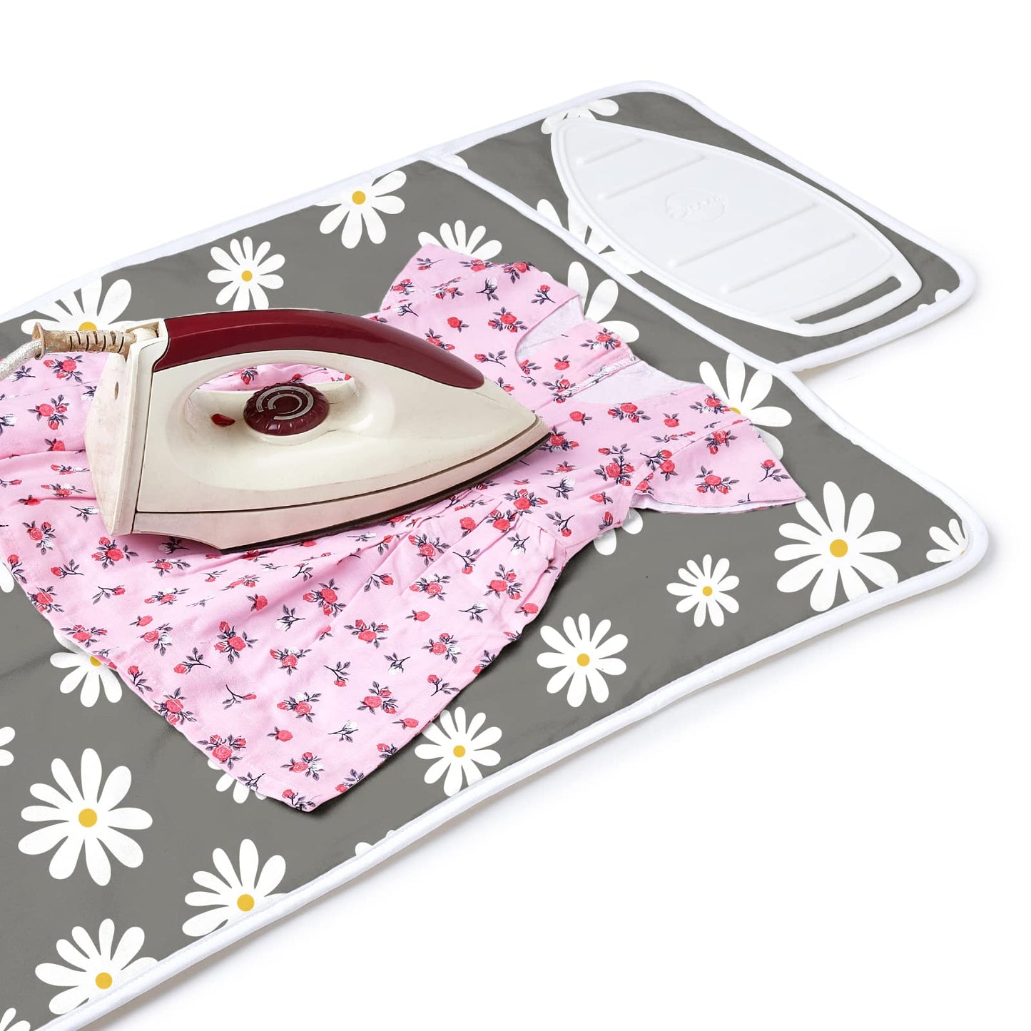 Encasa Homes Ironing Mat/Pad (Small 28"x20") with 3mm Padding & Silicone Iron Rest for Steam Pressing on Tabletop or Bed - Heat Resistant, Portable, Quilting & Travel Blanket - Daisy Grey