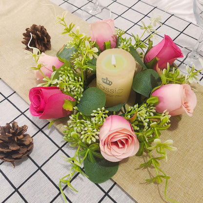 JOYWU 4-Pack Faux Rose Candle Rings, 9 in Artificial Flower Candle Wreaths with Pink Roses & Greenery, Floral Centerpiece Decor for Table, Fireplace Mantel, Wedding, Valentine's Day