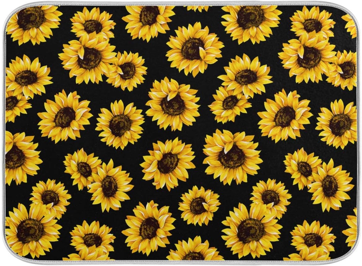 Yellow Sunflower Dish Drying Mat, 18x24 inch Floral Kitchen Counter Protector for Dishes and Bottles
