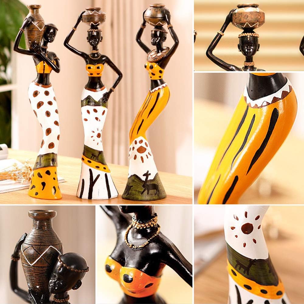 Rayberro 3 Pack African Women Sculpture, 7.5" Exotic Tribal Lady Figurine, Vintage Collectible Art