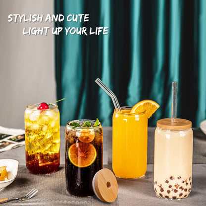 SENTVEND 16 Oz Drinking Glasses with Bamboo Lids and Glass Straw - 8 Pcs Glass Cups Beer Ice Coffee Glasses Cute Aesthetic Cup Great for Coffee Bar Accessories Include 2 Cleaning Brushes