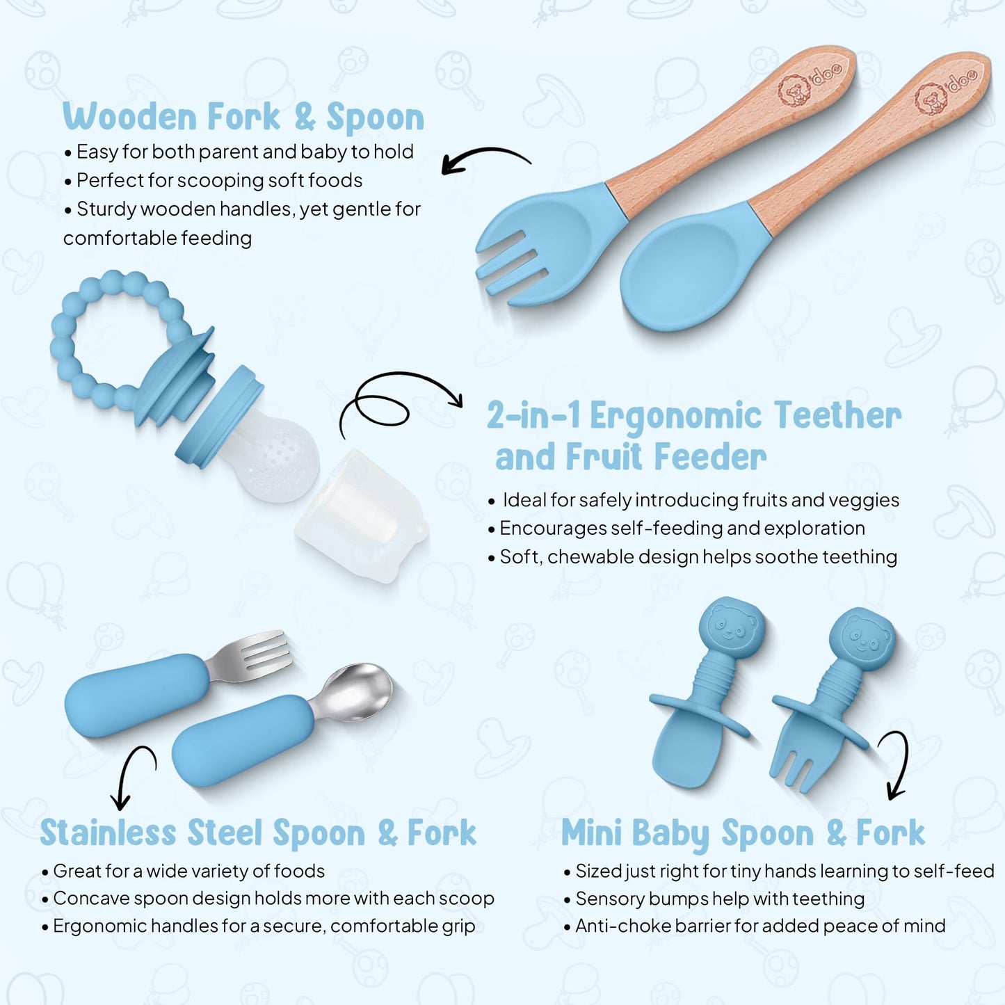 O'doe 17-Piece BPA-Free Silicone Baby Feeding Set | Thick & Soft Suction Plates, Baby Bowls, Wooden Fork & Spoon, and More | Make Mealtime Fun and Easy for Your Little One (Blue, V2)