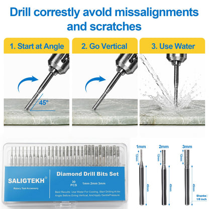 SALIGTEKH 30Pcs Diamond Drill Bits Set, 1mm 2mm 3mm Sizes 1/8" Shank for Dremel & Rotary Tools – Jewelry Making, Gemstone, Sea Glass and Lapidary Drill Bits Kit