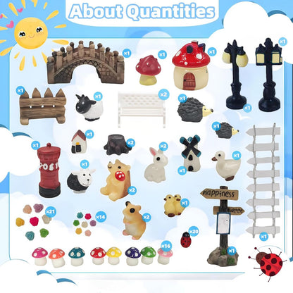 Zealor 100 PCS Mini Fairy Garden Accessories Kit Outdoor Mushroom Tiny Animal Miniatures Garden Figurines Landscape Ornaments for Bonsai Terrarium House Plant Party Decoration Supplies