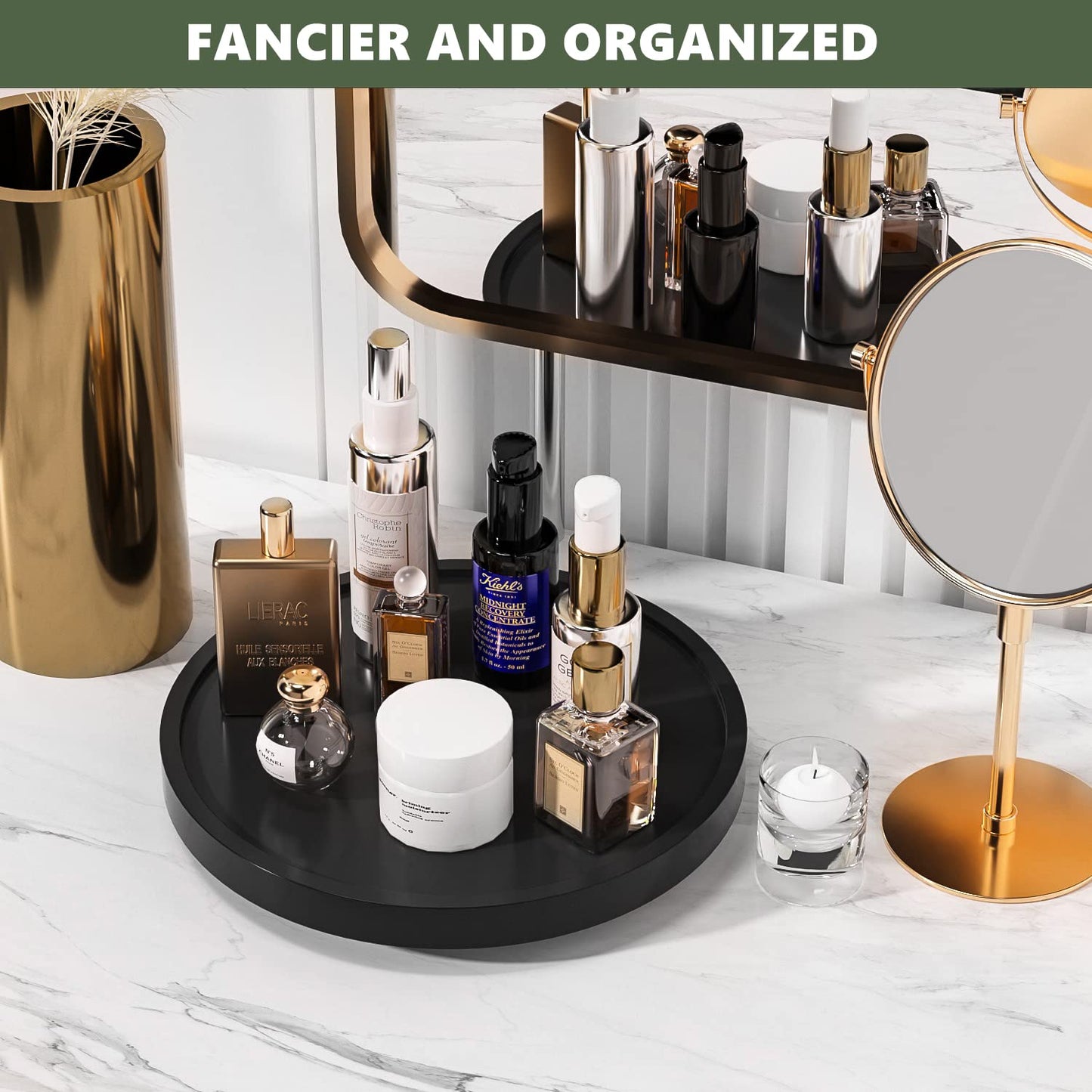 VeyFey Turntable Vanity Tray 10 Inch for Perfume Candle, Bamboo Kitchen Sink Countertop Organizer Keep Glass, Sponge and Soap Bathroom Coffee Table Decorative Black (VFLZ)