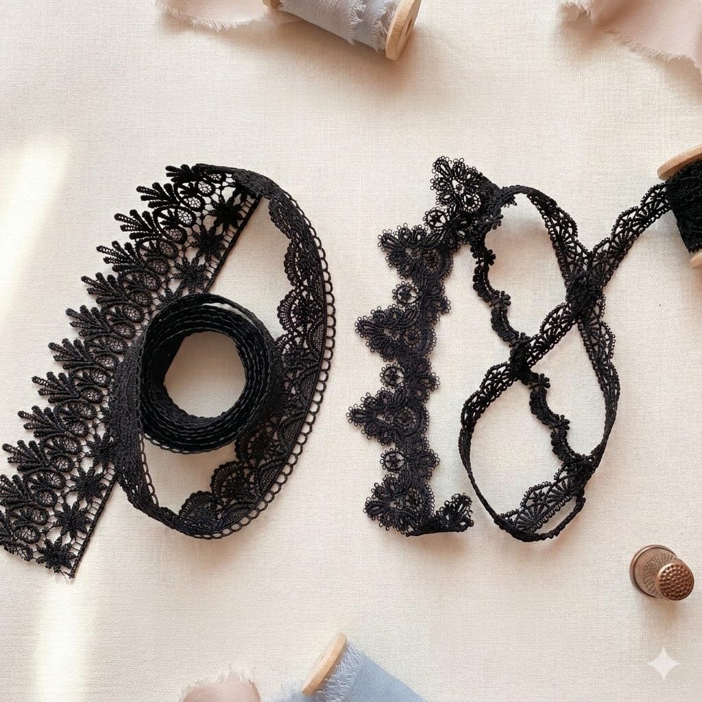 IDONGCAI 10 Yards Black Lace Trim Set for Sewing & Crafts – 5 Styles Lace Ribbon Bundle, Venise Lace Trim Elegant Lace Ribbon for Clothing Alterations & DIY Fashion(Black)