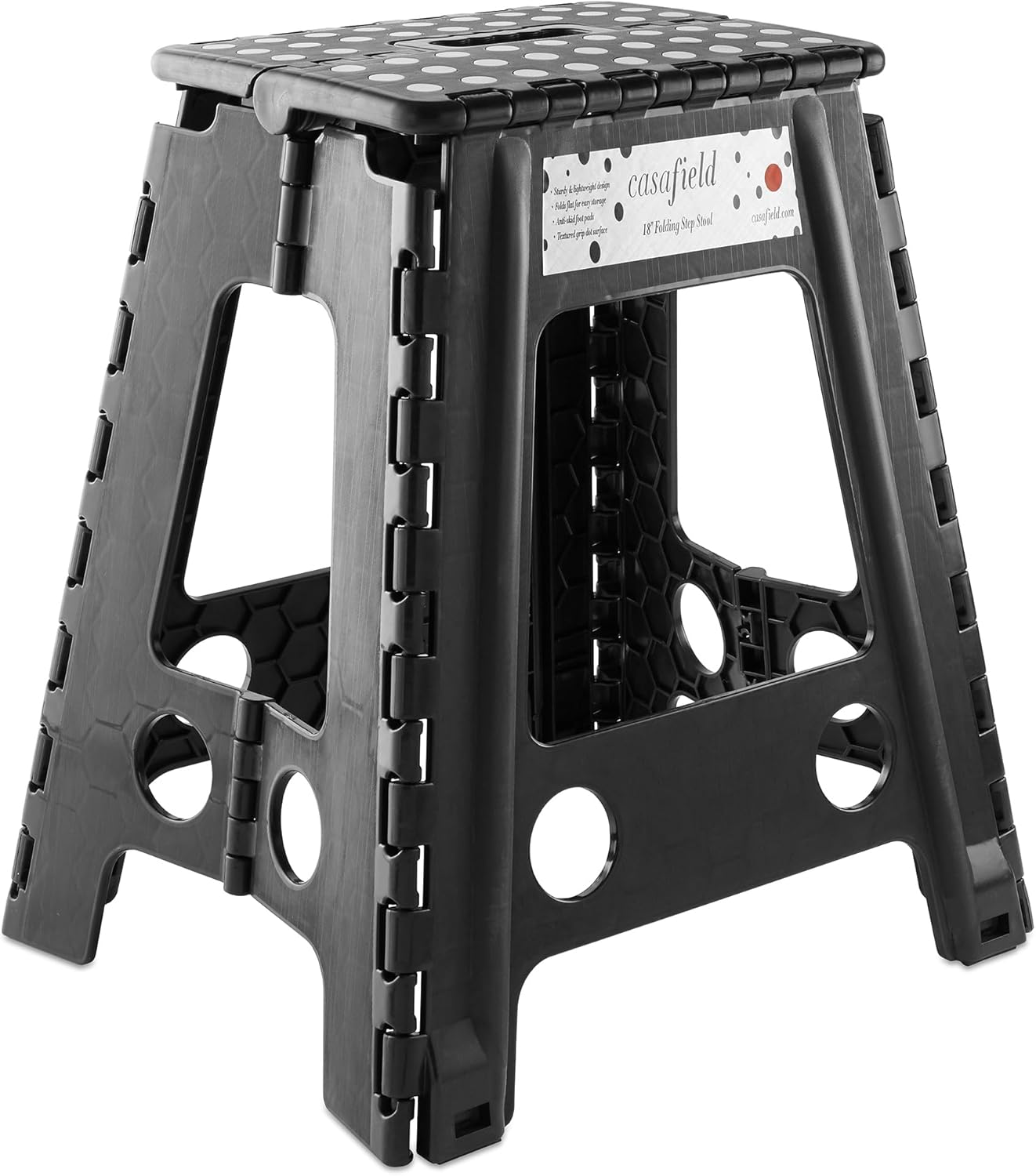 18" Casafield Folding Step Stool with Handle, Black - Portable Collapsible Small Plastic Foot Stool for Adults - Use