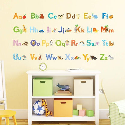 DECOWALL DS8-1608 Watercolour Animal Alphabet ABC Kids Wall Stickers Decals Peel and Stick Removable for Nursery Bedroom Living Room Art murals Decorations