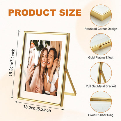 WOPPLXY 5 "x 7" Gold Floating Frames Set of 3, Pressed Glass Floating Frames, Vertical Adjustable Tabletop/Shelf Photo Frame, Gold Floating Picture Frame for 4 x 6,3 x 5 Photo Tabletop Display