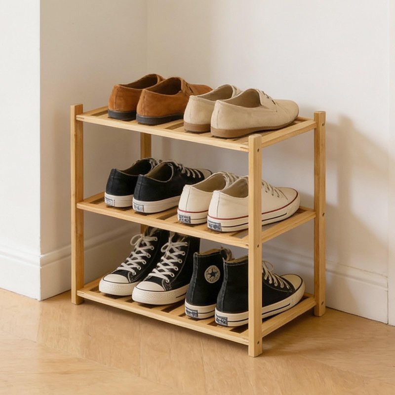 Akloya Small Shoe Rack, Multipurpose 3 Tier Shoe Organizers Rack，Small Bamboo Shelfs for Shoes, Plants, Books, Living Room, Hallway Bedroom, Bathroom (3 Tier)