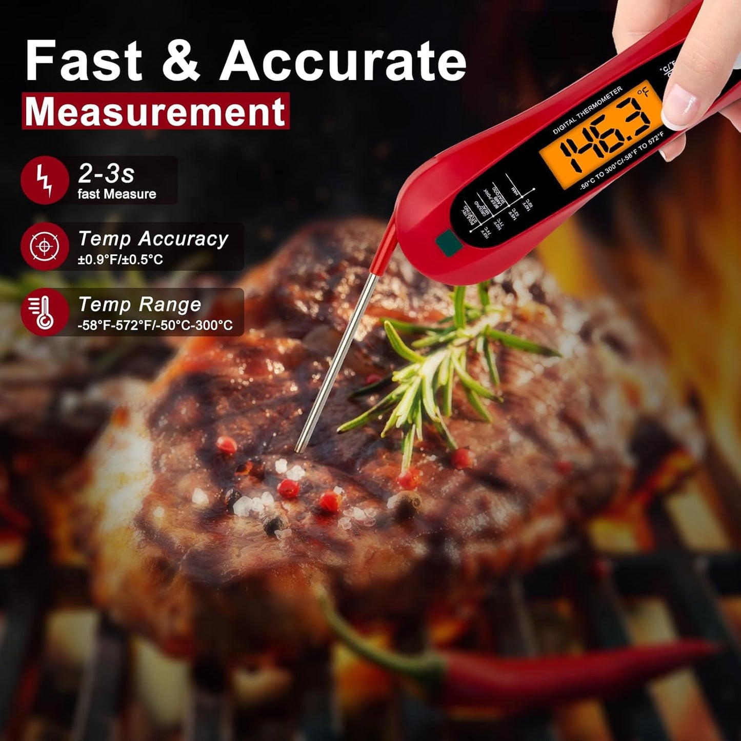 Instant Read Digital Meat Thermometer, Accurate Food Thermometer for Cooking and Baking, Red