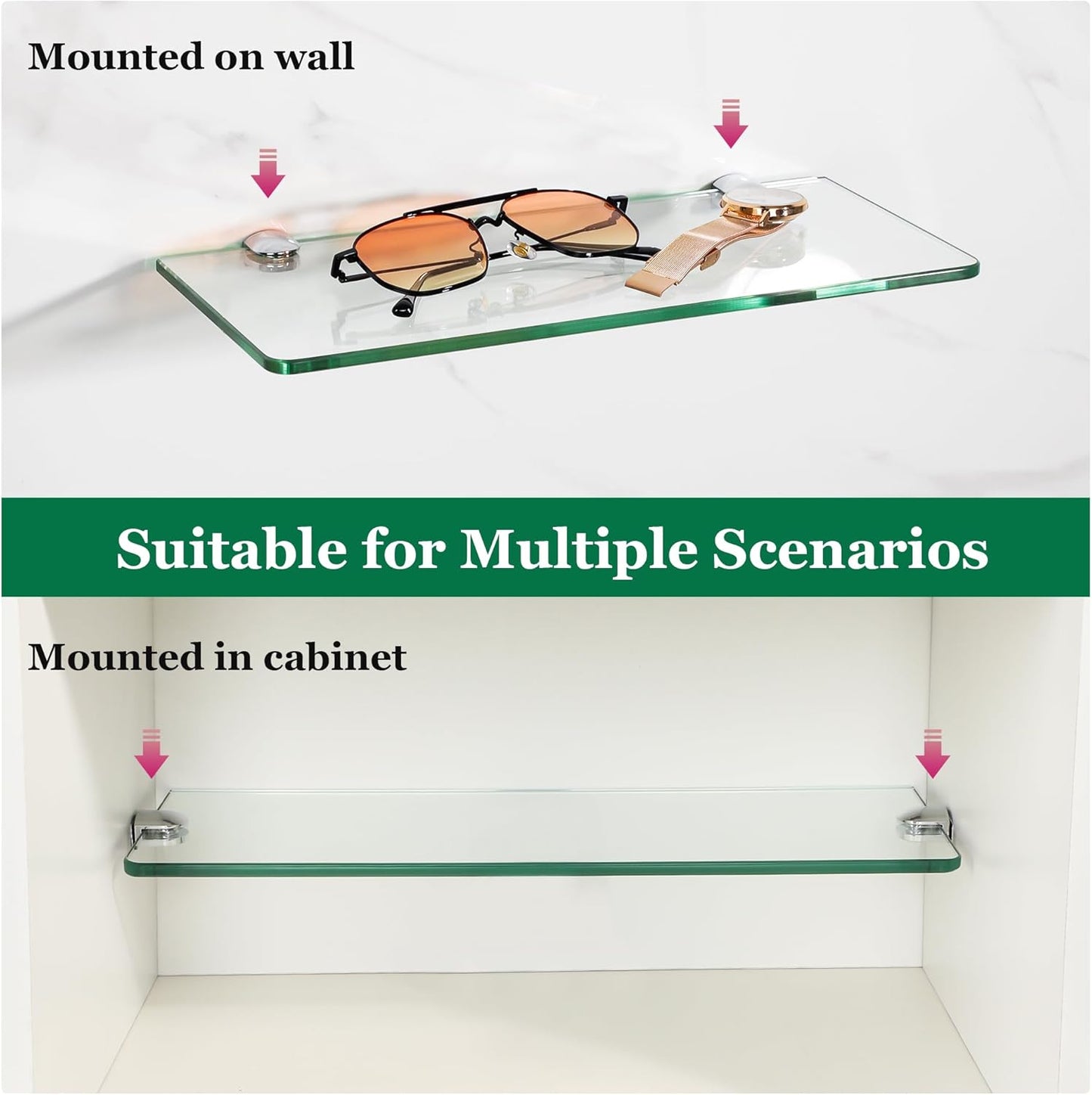 12 Inch Set 2, SAYAYO Glass Floating Shelves for Wall, Tempered Glass Shelves for Bathroom, Living Room, Bedroom