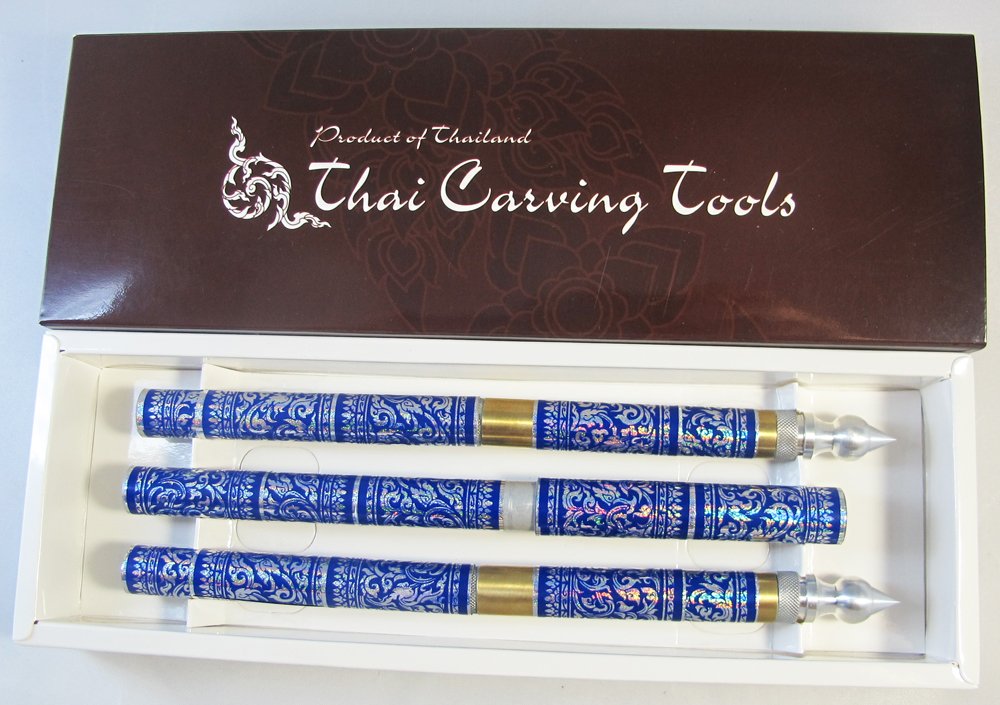Set 3 Thai Fruit and SOAP Carving Knife Knives Brass Handmade Blue Color