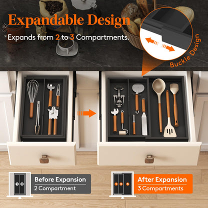Lifewit Utensil Organizer for Kitchen Drawer, Expandable 13 to 22.4 Inches Wide, Adjustable Cooking Silverware Tray, Bamboo Cutlery Flatware Holder, Spatula Tools and Gadgets Storage Divider, Natural