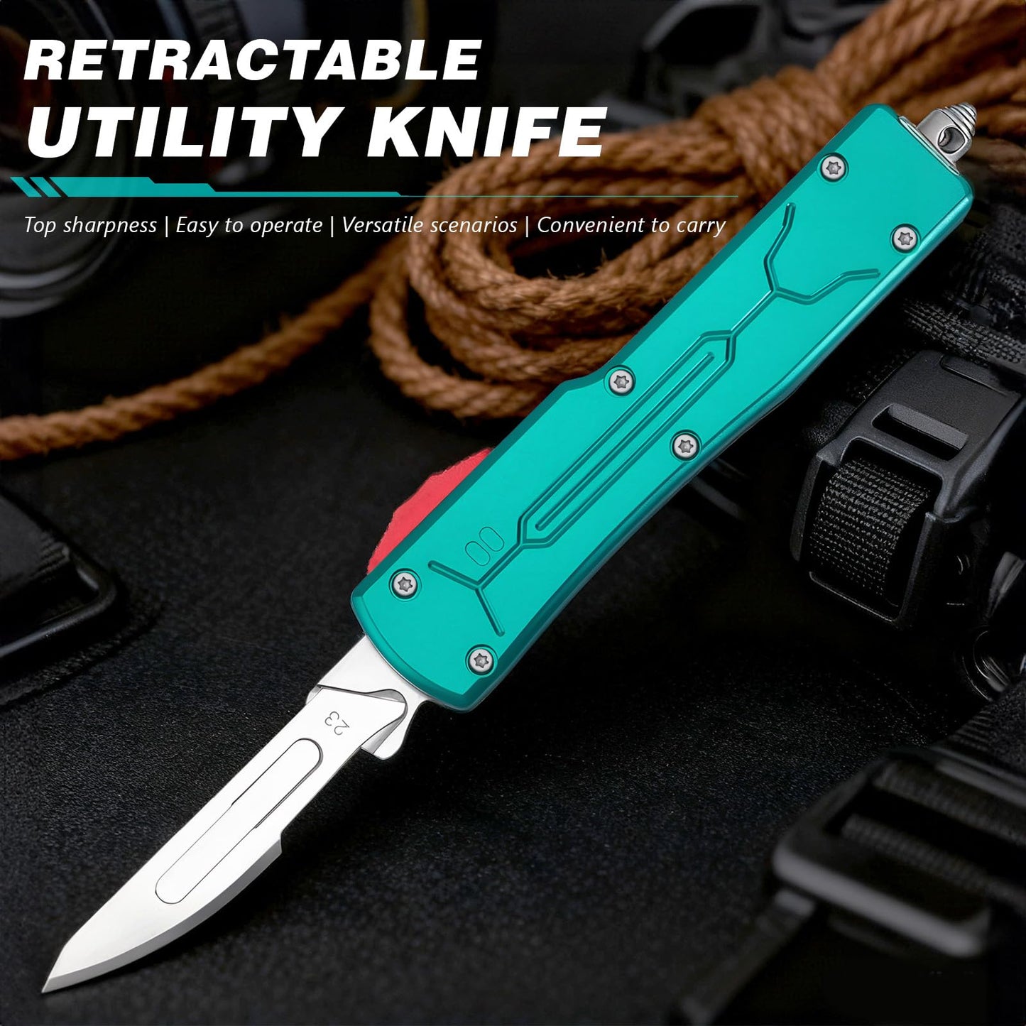 Automatic Utility Knife All Metal EDC Push Button Box Cutter with Quick-Change Retractable Blade, Includes 10pcs #23 Stainless Steel Blades & Clip,Knifes for Precision Work Green