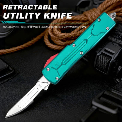 Automatic Utility Knife All Metal EDC Push Button Box Cutter with Quick-Change Retractable Blade, Includes 10pcs #23 Stainless Steel Blades & Clip,Knifes for Precision Work Green