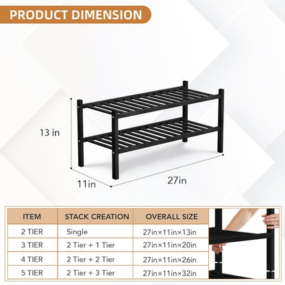 2 Closet, 27"x11"x13" 2 Tier Bamboo Shoe Rack Storage Organizer for Multifunctional Stackable Free Standing Shoe Shelf