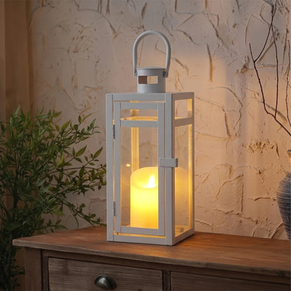 TRIROCKS Decorative Candle Lantern 12'' High Metal Candle Holder with Tempered Glass Perfect for Home Decor Living Room Parties Events Tabletop Indoor Outdoor (White)