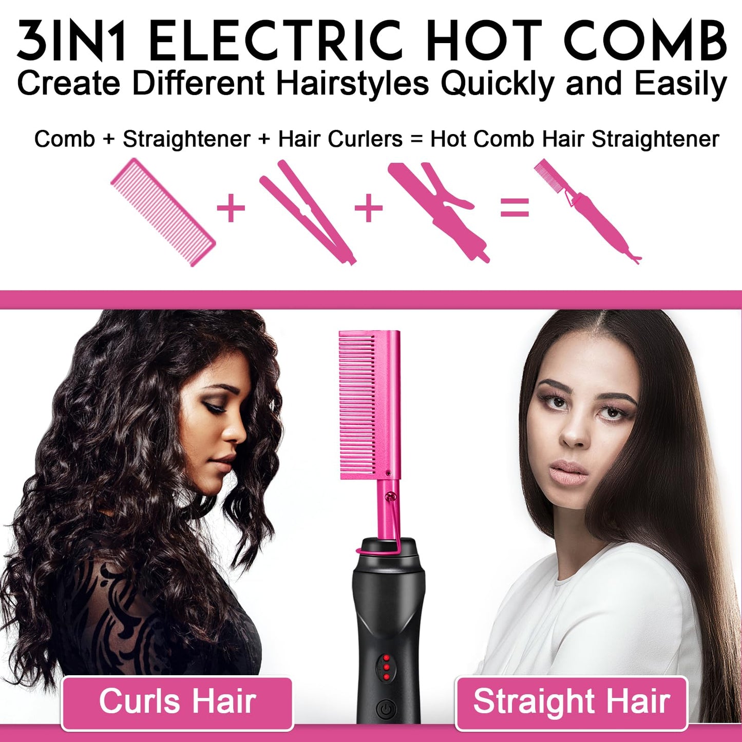 NICEMOVIC Ceramic Heating Hair Straightener Comb - Hot Pressing Brush for Natural Black Hair, Beard Wigs, and Curling (Gold)