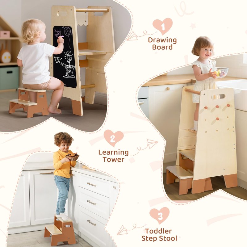 ROBOTIME Toddler Standing Tower, Learning Tower with Step Stool Set, 2-in-1 for Kids, Adjustable Height Toddler Tower for Kitchen & Bathroom, Learning Tower with Blackboard for 2 Year Old