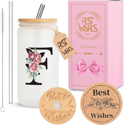 16oz Monogrammed Set, Personalized Initial Glass Cup for Women, Glass Cup with Lids and Straws, Gift Frosted Reusable