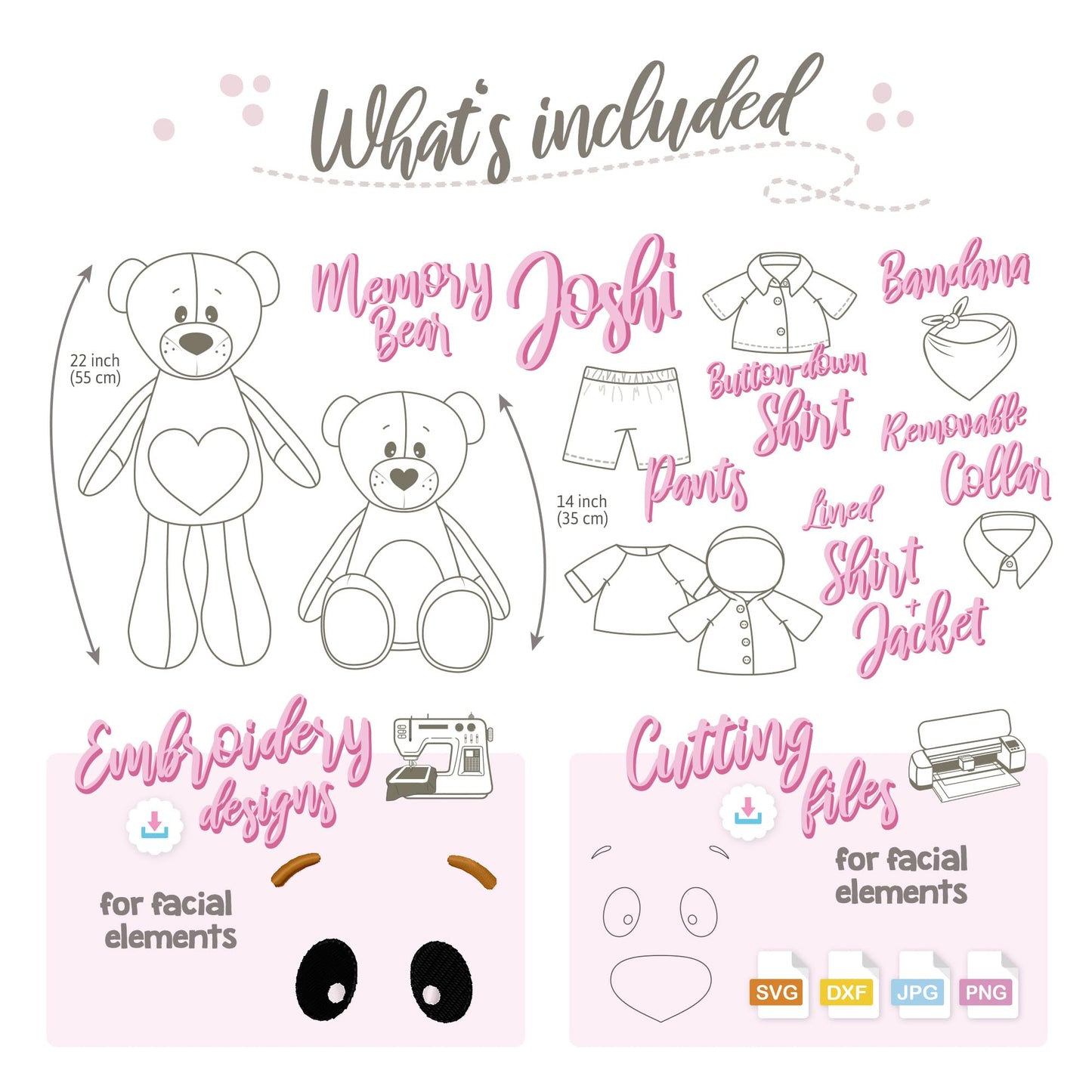 kullaloo Memory Bear Sewing Pattern – Stuffed Teddy Bear Plush Toy with Removable Collar, Shirt & Jacket | Memorial Bear Template with QR Video Tutorials, PES & SVG Files | Designed in Canada