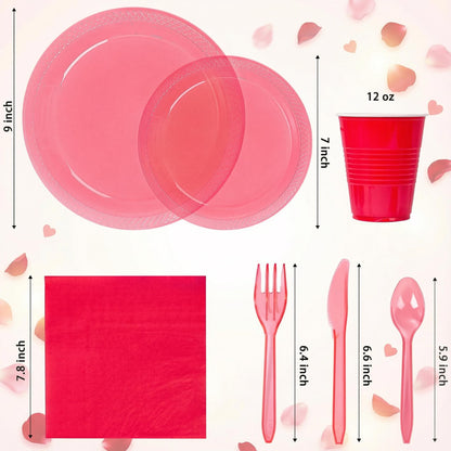WELLIFE 210 PCS Clear and Red Plastic Plates for 30 Guests - Disposable Dinnerware Set Including Dinner Plates, Dessert Plates, 12oz Cups, Cutlery & Napkins, Red Party Plates for Valentines