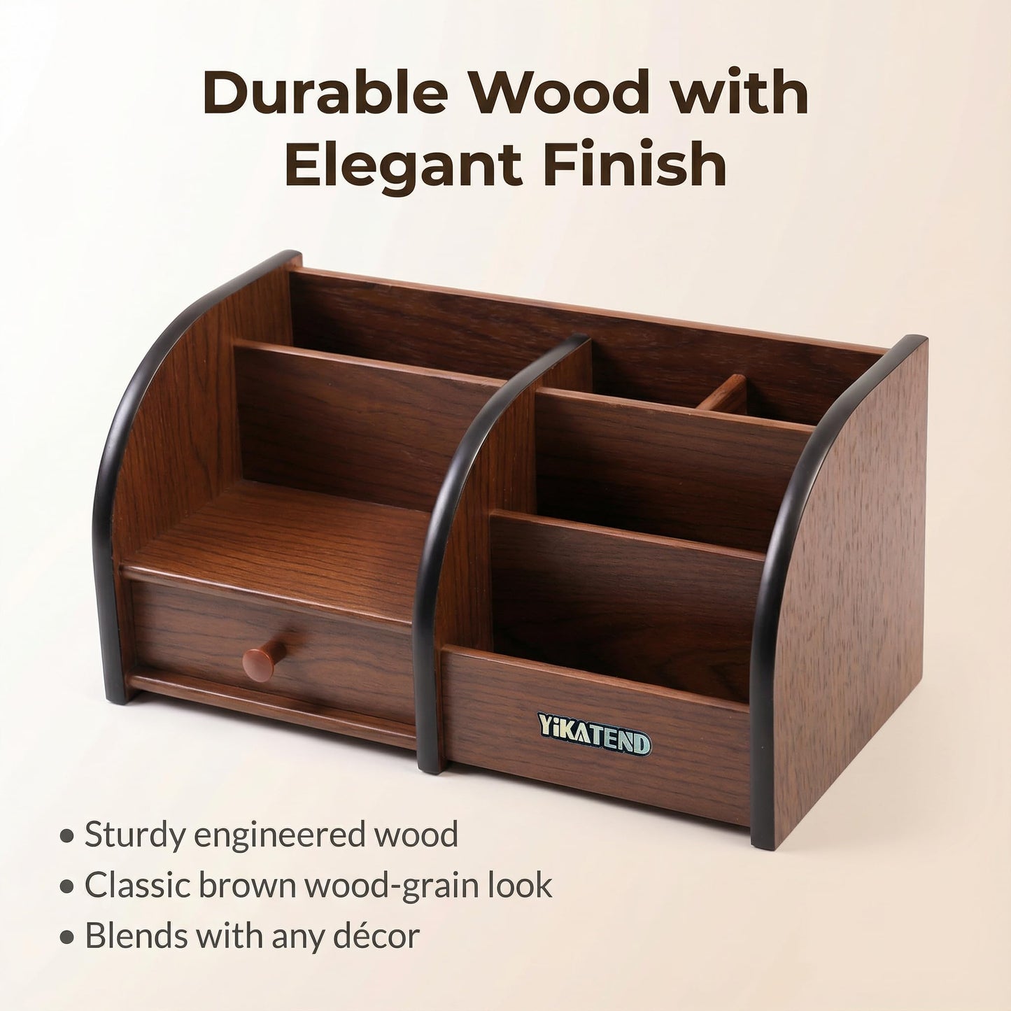 YIKATEND Wooden Desk Organizer with Drawer, Multi-Compartment Desktop Storage for Office Supplies, Remote Control, Phone, Makeup & Accessories