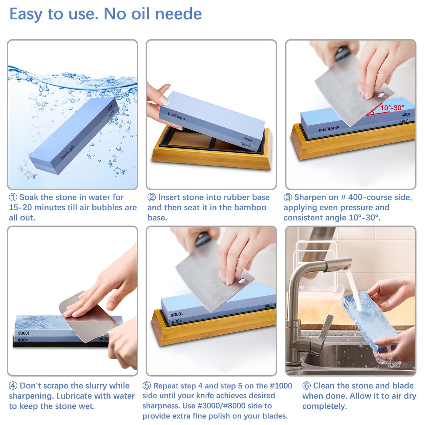 Intelitopia Complete Knife Sharpening Stone Set – Dual Grit Whetstone 400/1000 3000/8000 Knife Sharpener with Leather Strop, Flattening Stone, Bamboo Base, 3 Non-slip Rubber Bases & Angle Guide