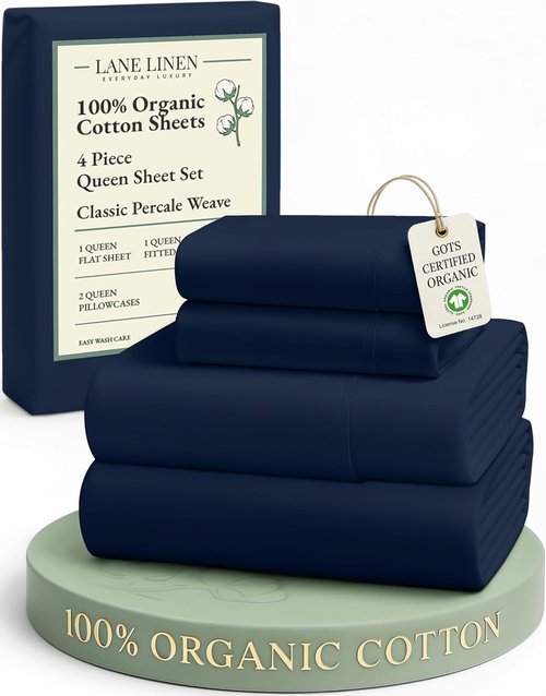 LANE LINEN Organic Cotton Bed Sheets - Eco-Friendly, Soft Percale Weave, Queen Size Set in Navy