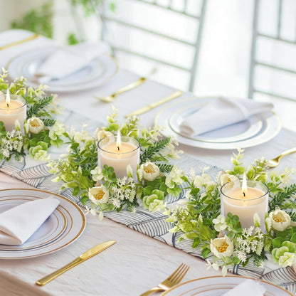 KHOYIME Floral Candle Rings Wreath 4PCS Small Spring Summer White Artificial Flowers Greenery Wreaths for Pillars, Mini Candle Holder Kitchen Cabinets Table Centerpieces Wedding Party Farmhouse Decor