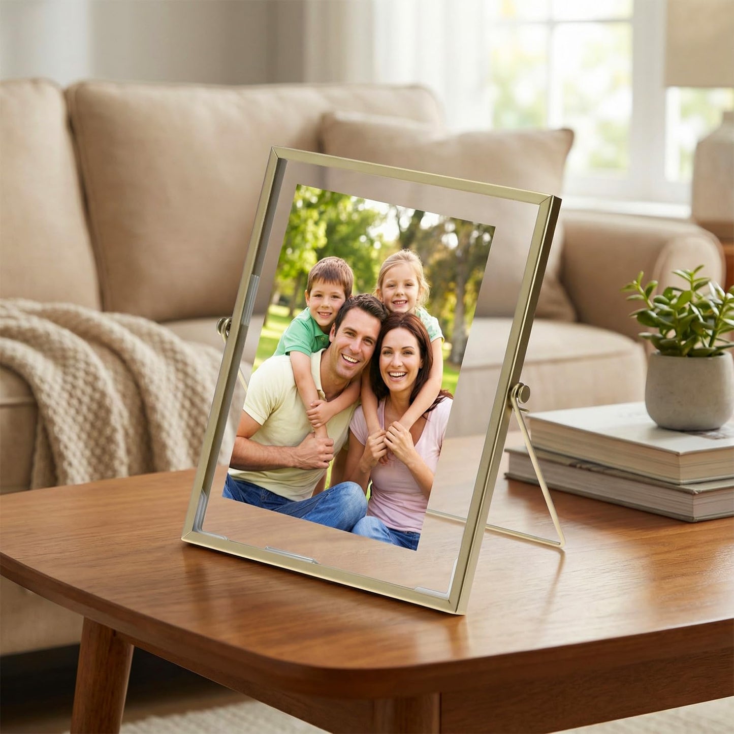 QWORK Gold Floating Picture Fram, Set of 3 Glass Double Panel Metal Frame, Includes 5x7, 4x6, 4x4, Tabletop Display for Postcards Photos Artworks