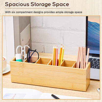 Jetec Wooden Pencil Pen Holder for Desk 6 Compartments Cosmetic Makeup Brush Stationery Office Desktop Organizers for Countertop Adjustable Silverware Caddy for Party, Art Supplies,Home(Bamboo)