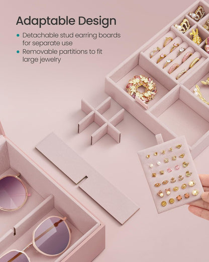 SONGMICS 2-Layer Jewelry Box, Jewelry Organizer with Handle, Removable Jewelry Tray, Jewelry Storage, Floating Effect, 8.1 x 9.4 x 4.3 Inches, Gift Idea, Jelly Pink UJBC165R01