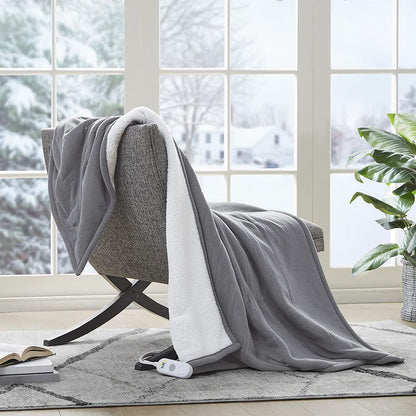 Serta Heated Blanket - Reversible Fleece to Sherpa Electric Blanket, Fast Heating, Auto Shut Off Timer, Multi Heat Setting, ETL Certified, Machine Washable, Grey Full 84"x 77"