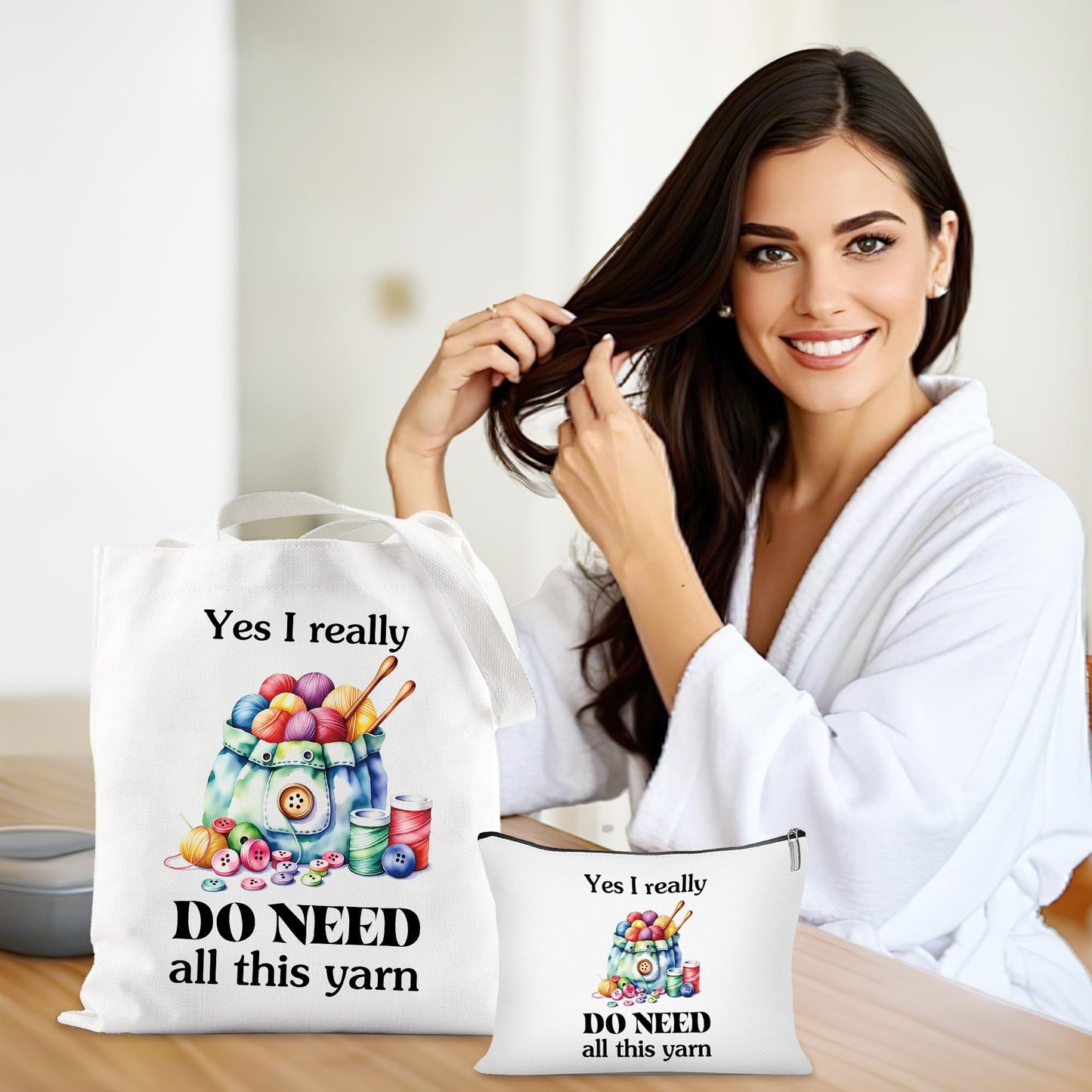 Canvas Crochet Tote Bag for Women - 2 Pcs Aesthetic Cosmetic Pouch Tote Bags, Yarn Pattern Fun Quote Design Reusable Grocery Bags, Gifts for Crochet Lovers Mom Friends