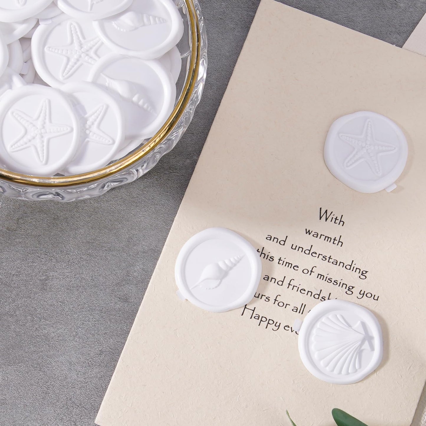 PartyforU White Wax Seal Stickers - 60 Pcs Embossed Starfish Conch and Seashell Self-Adhesive Wedding Invatation Wax Stamp Stickers for Envelope Birthday Party Gift Wrapping